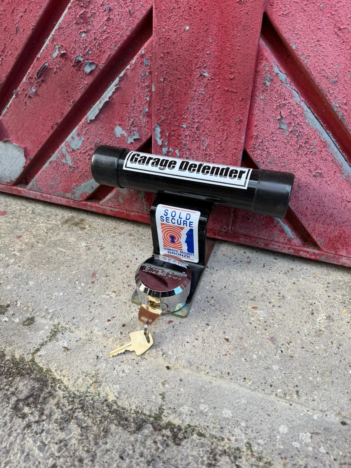 red garage door with lock