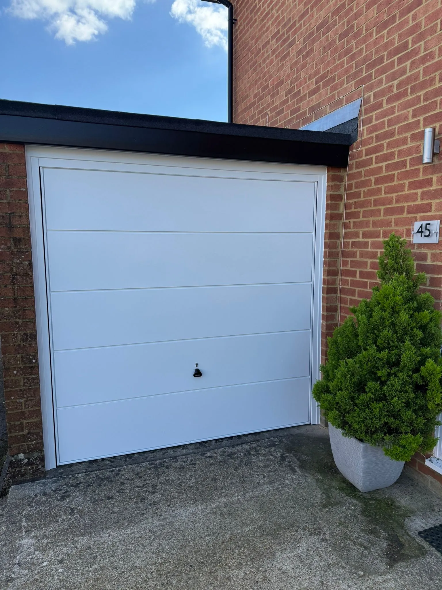 white garage door with green plant